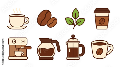 Fotografie Coffee icons set with cups beans plant and brewing equipment