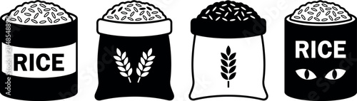 Cuadro en lienzo Collection of black and white rice sack icons and vector illustrations featuring bags of grain wheat stalks and agriculture farming symbols