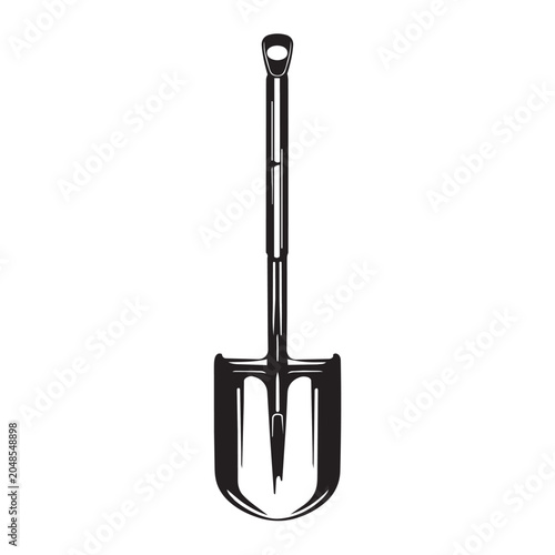 A simple black and white vector illustration of a garden shovel isolated on a plain white background