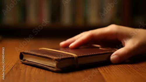 Touching a Leather Bound Book on a Wooden Table in Soft Light.