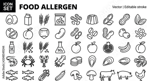 Bild auf Leinwand Collection of food allergen line icons vector illustrations featuring common intolerance triggers like milk nuts wheat seafood eggs and meat
