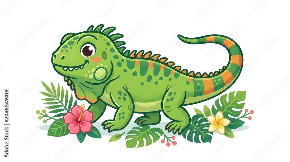 Fototapeta premium A cute cartoon green dinosaur standing among tropical leaves and flowers isolated on white background