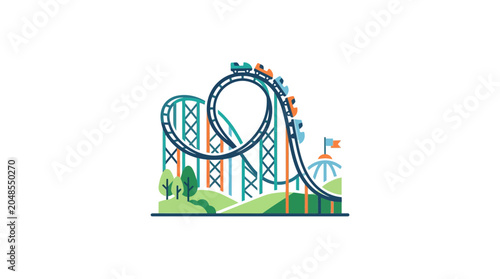 Tableau sur toile Colorful roller coaster with steep drops and loops at amusement park