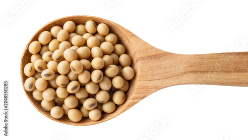 Quadro em tela Isolated wooden spoon full of raw dry soybeans
