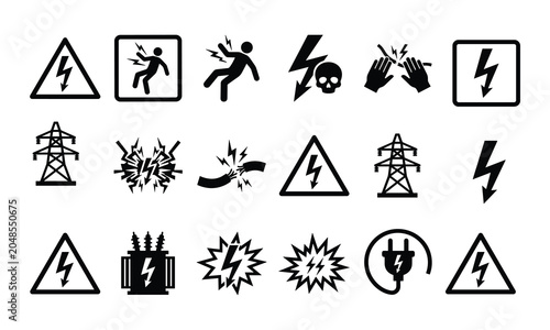 Schilderij op canvas Vector set of electrical hazard icons, high voltage warning signs, electrocution danger symbols, power pylons, and energy safety silhouette illustrations