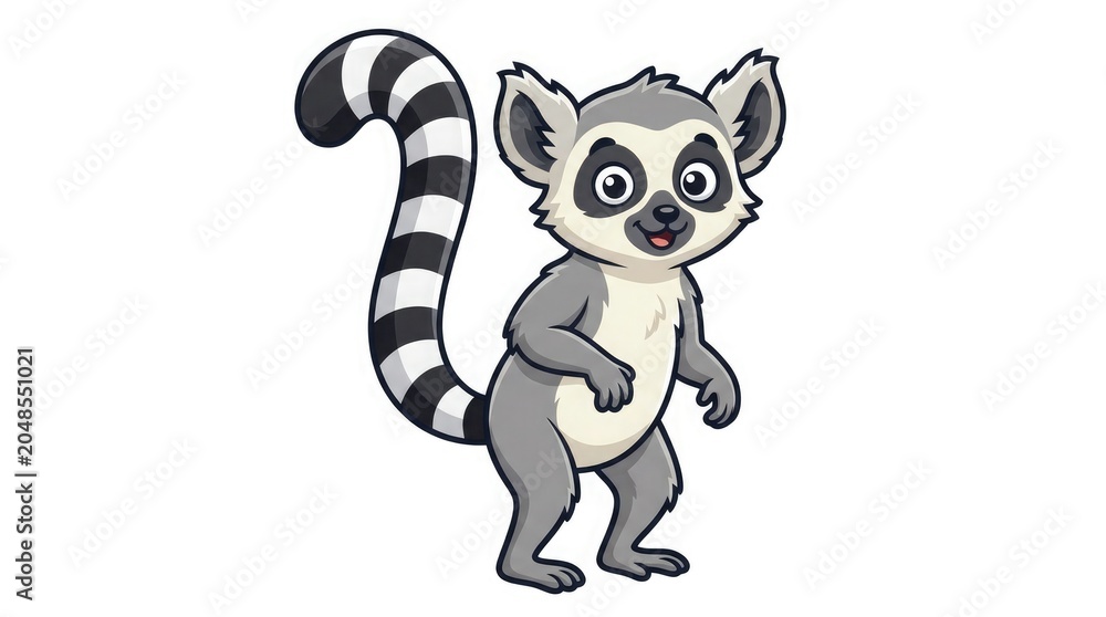 Fototapeta premium A cartoon lemur with a long striped tail and big eyes on white background