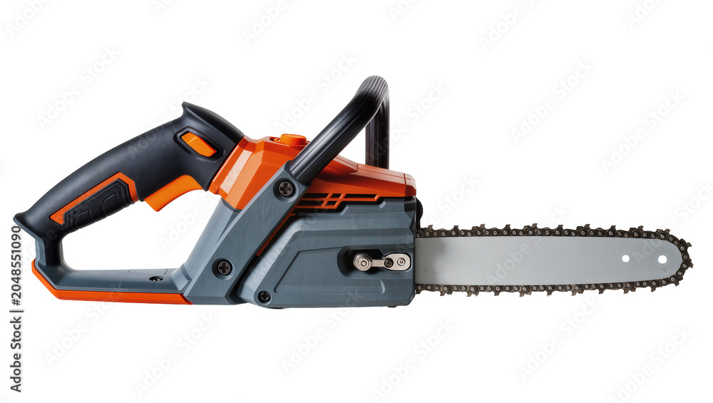 Fototapeta premium Isolated modern electric chainsaw in orange and grey, a professional and powerful wood cutting tool