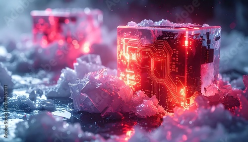 Glowing Red Cubes in Snowy Landscape with Circuitry.