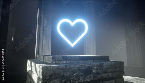 Glowing Neon Heart Symbol on Pedestal.