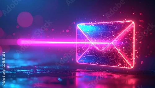 Glowing Neon Envelope Sending Digital Message Through Cyber Space.