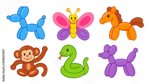 Canvas Print Cartoon balloon animals and butterfly vector illustration set