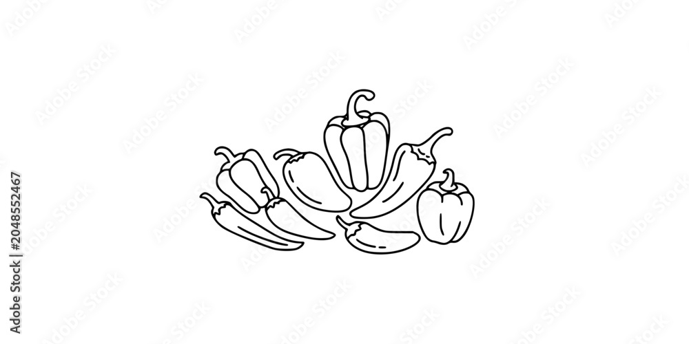 Fototapeta premium Peppers Illustrated in a Simple Black and White Line Drawing Style Featuring Illustration, Vegetable, Spicy with Cooking and Food Elements
