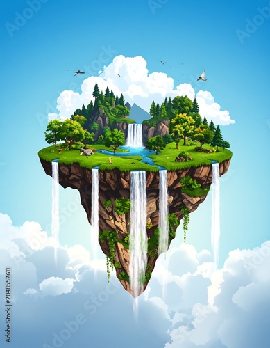 A lush floating island with waterfalls, trees, and a serene lake under a blue sky with white clouds