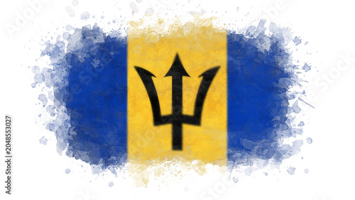 Tableau sur toile The flag of Barbados is depicted with a distressed watercolor effect, featuring blue and yellow stripes and a black trident symbol against a white background