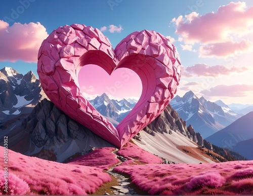 A surreal heart-shaped structure amidst pink-hued mountain landscape