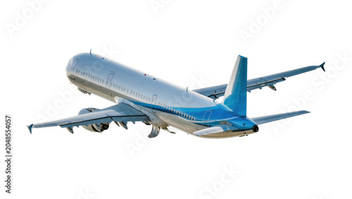 Cuadro en lienzo Isolated modern passenger airplane in flight with landing gear extended, blue an