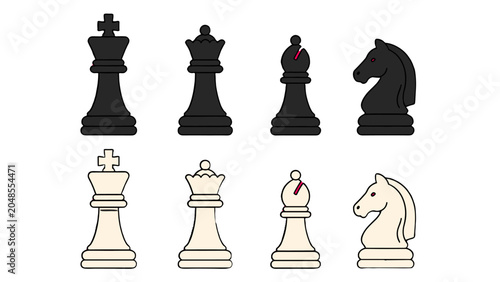 Bild auf Leinwand Black and white chess king queen bishop and knight icons