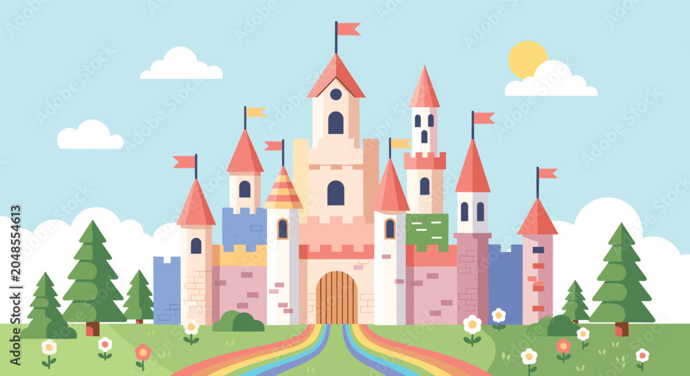 Obraz premium Fairy tale castle illustration with colorful towers flags a rainbow path green trees and flowers under a sunny sky.