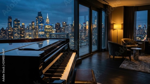 Luxury Penthouse Living Room with Grand Piano and City Skyline View.