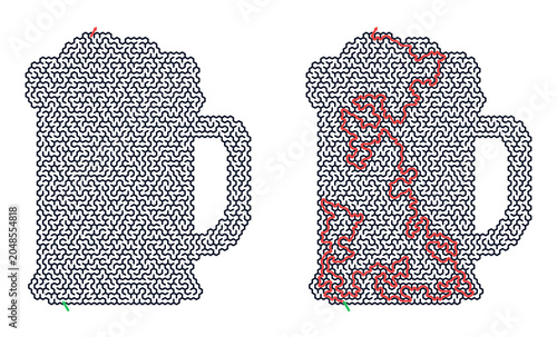Labyrinth puzzle in a beer mug with intricate path illustration  