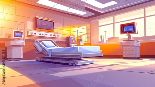 A bright modern hospital room features adjustable patient beds, medical monitoring equipment, and large sunlit windows, creating a clean healthcare environment focused on treatment, comfort, and recov