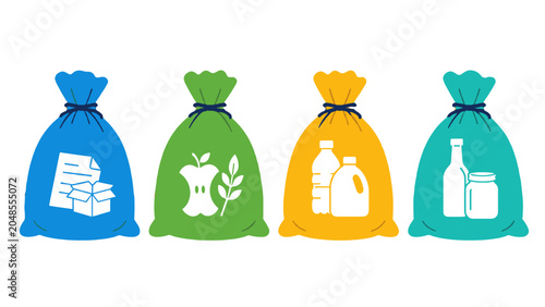 Colored recycling bags with paper, organic, plastic and glass icons