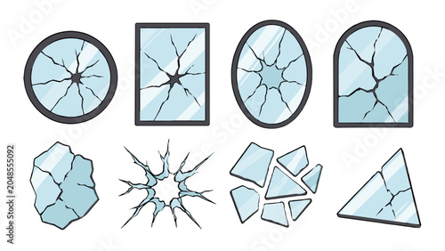 Fotografía Set of cracked glass windows and shattered fragments vector