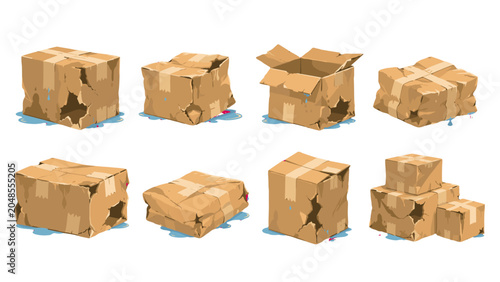 Foto Set of damaged cardboard boxes in different shapes and conditions