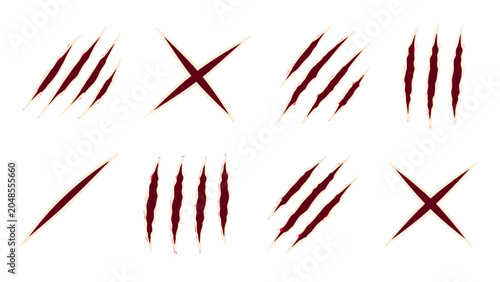 Photos Set of red scratch and slash mark symbols on white background