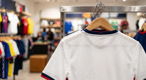 Close-Up of USA National Football Jersey Hanging in Sports Retail Store – World Cup Season