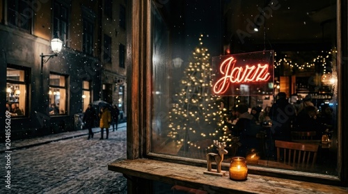 Cozy jazz club storefront at night with Christmas decorations.