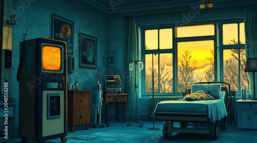 A warmly lit hospital room features a patient bed, medical equipment, and retro monitoring devices, while golden sunset light streams through a large window overlooking bare trees and a peaceful lands