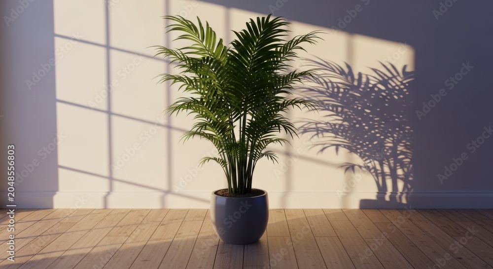 Fototapeta premium Potted Palm Plant Standing in Sunlight against White Wall with Window Shadows in Modern Interior; Minimalist Home Decor Aesthetic