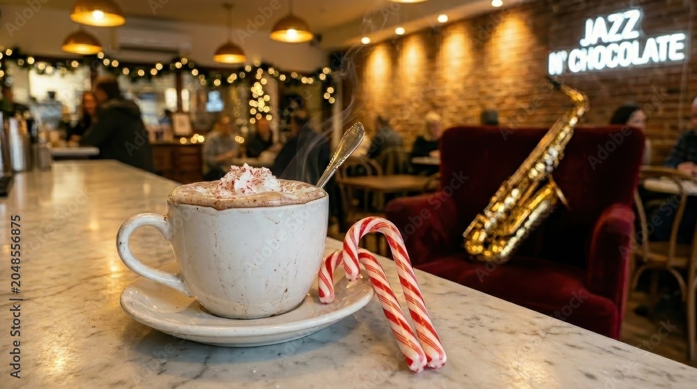 Fototapeta premium Hot chocolate cup with candy canes and a floating saxophone in a jazz cafe.