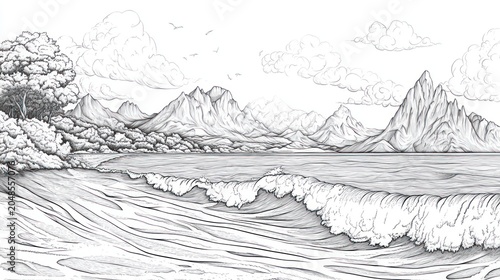 Serene beach view featuring stylized waves, mountains, trees, and fluffy clouds