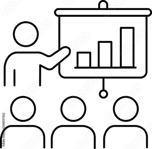 Business presentation vector icon corporate training speaker seminar line art illustration with chart and audience