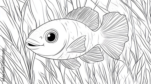 Line art of a small, cartoonish fish swimming in dense reeds, ready to be colored
