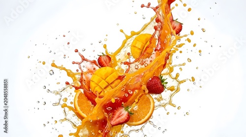 Fresh fruit mix of mango, orange and strawberry with splashes of juice isolated on white background