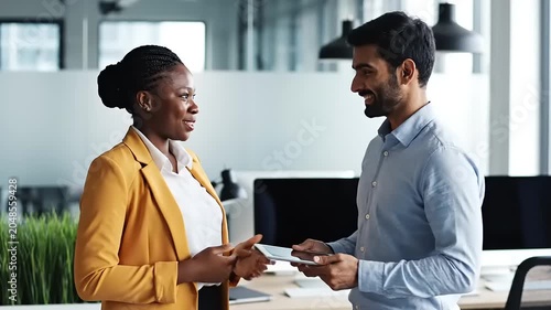 Two diverse colleagues exchanging a tablet in a modern office setting.