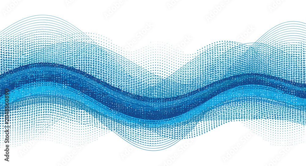 Fototapeta premium Abstract flowing blue waves created with a combination of solid colors, halftone dot patterns, and delicate lines on a white background.