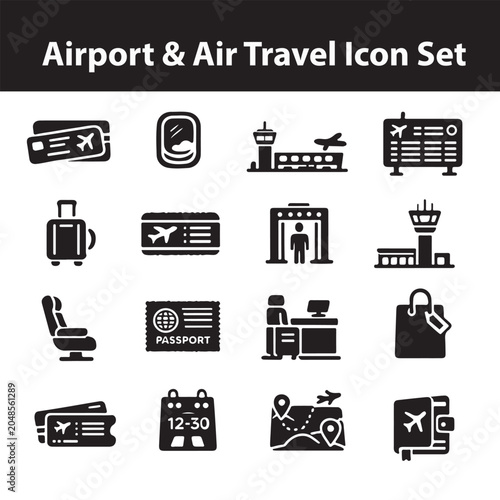Airport and air travel icon set on white background