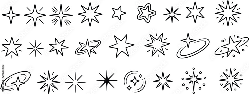 Fototapeta premium Set of Twenty Four Minimal Black Line Star Icons, Celestial Symbols, Sparkles, Rings, Bursts, Decorative Space Vector Elements