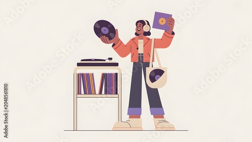 Vinyl record collector illustration with turntable and albums