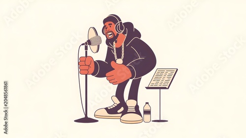 Rap singer illustration with microphone headphones and music stand