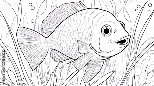Line art of a fish swimming amongst aquatic plants and bubbles, ready to be colored