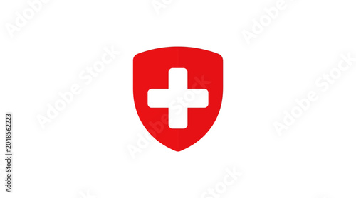 Bild auf Leinwand Red Shield with White Medical Cross Symbol on White Background