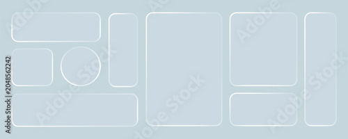 Glass liquid ui button set with transparent 3d effect - rectangle frame box elements in various sizes and proportions, glossy morphism style borders for modern interface design on blue background.
