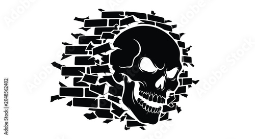Foto Black Skull Breaking Through Brick Wall Illustration.