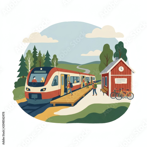 Dynamic Train Station Scene With Passengers And Nature Background