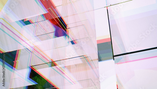Abstract 3D Render of Modern Glass Architectural Background with Glitch and Noise Effects.
